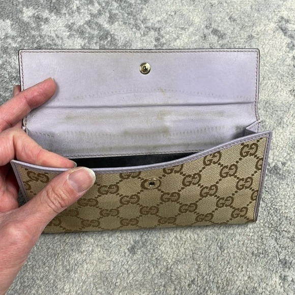 Gucci Monogram GG Long Wallet Double Sided Tan Lilac Heart Clasp - Picture 8 of 17